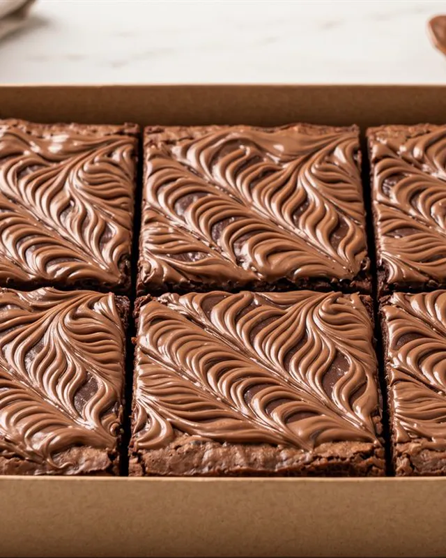 A tray of Nutella Flooded brownies with swirled Nutella tops